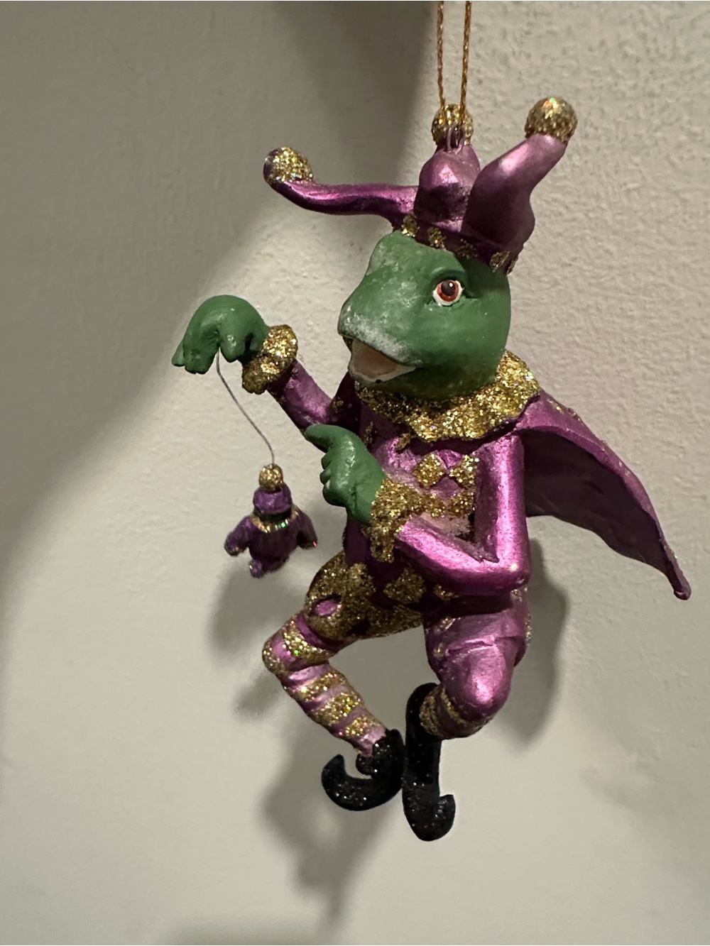 Green Frog Jester Holiday Ornament with Purple and Gold Costume